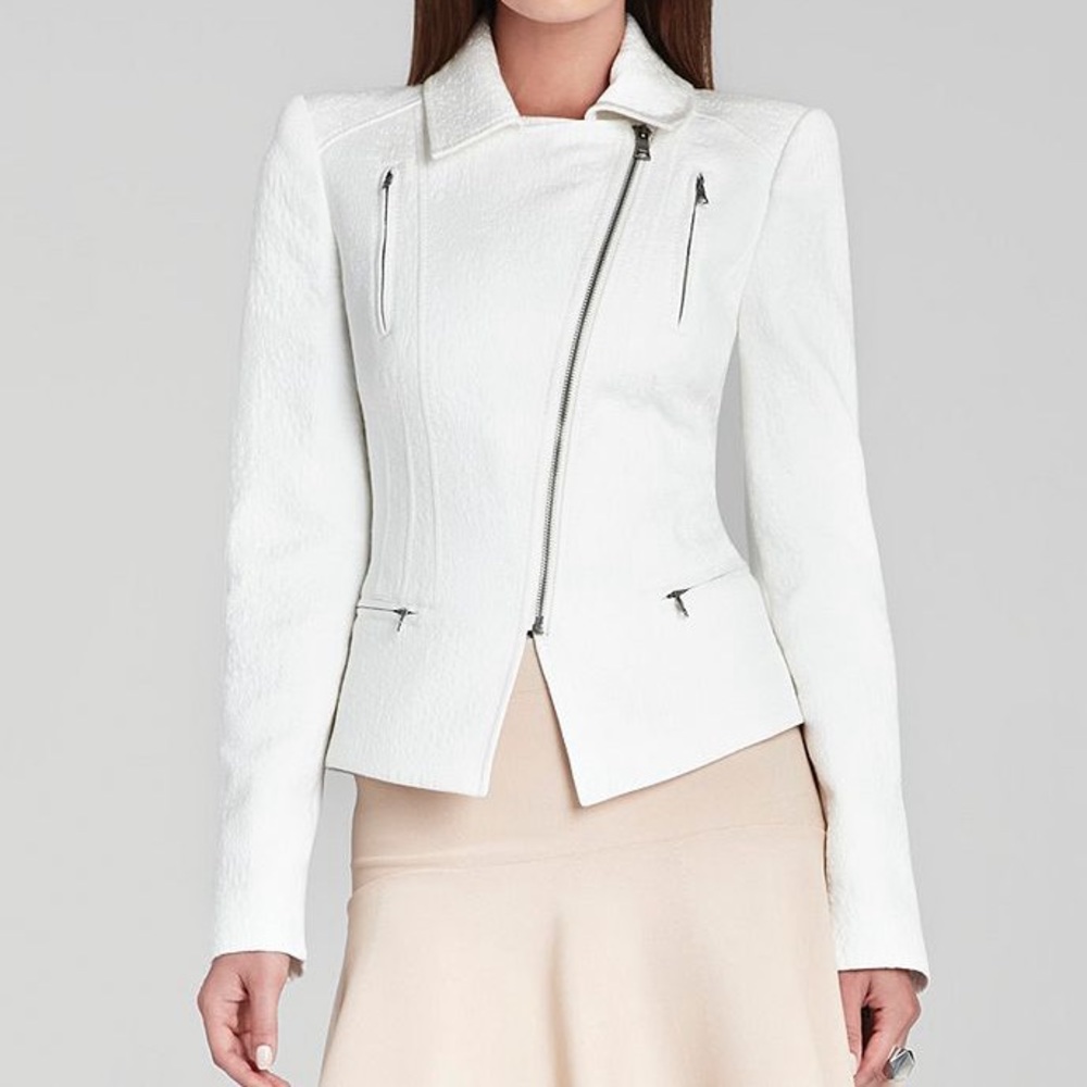 BCBG Max Azria Moto Jacket Boe - Gardenia Zipper Peplum Quilted Ivory Size XS